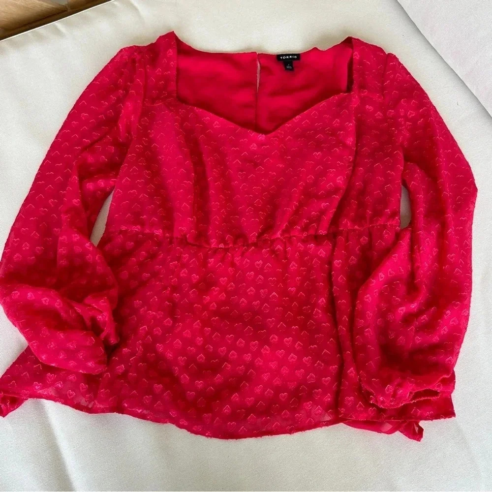 Torrid Red Chiffon Heart Clip Dot Embossed Sweetheart Peplum Blouse Long Sleeve